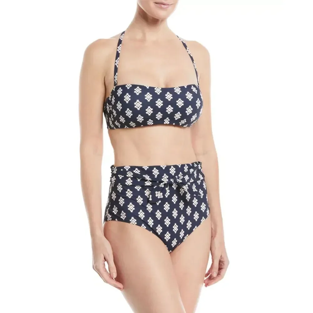 TORY BURCH Womens Swimwear Small Navy Bandeau Halter Bikini Top Logo Monogram
